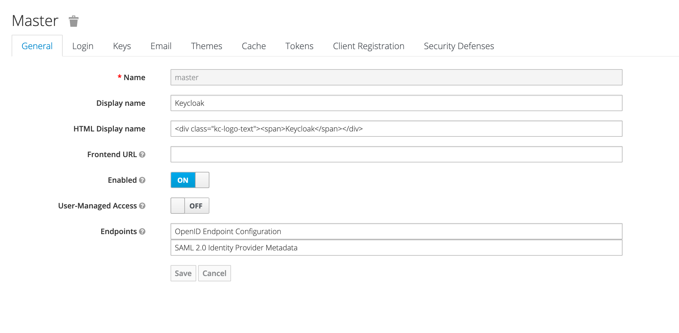 View of the new realm settings screen (Keycloak 11)